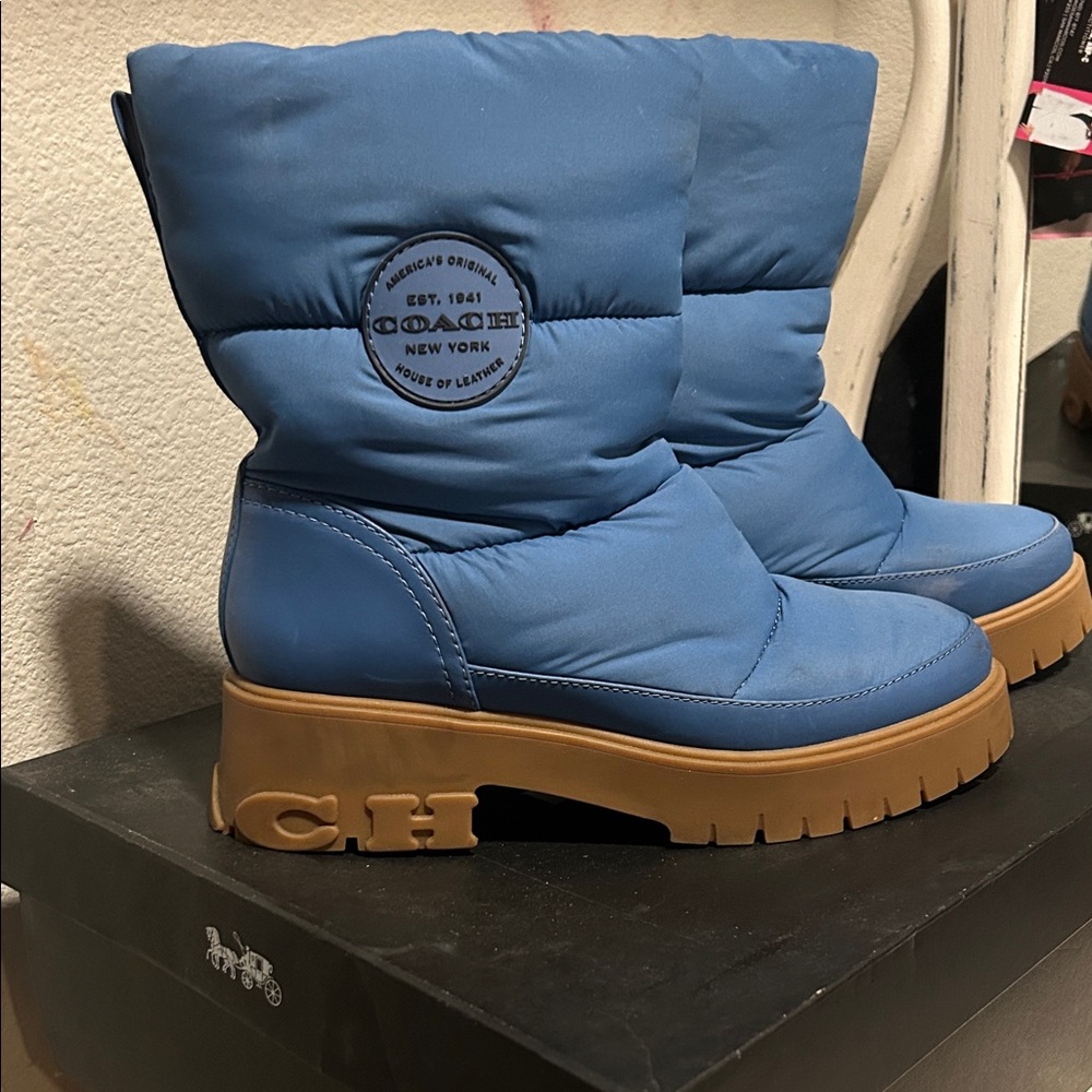 Coach Sky Blue Puffer Boots with Tan Sole
